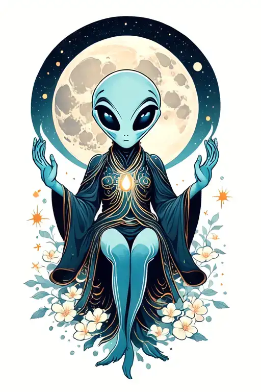 an enlightened alien with slender fingers crossing the moon in space tattoo design idea
