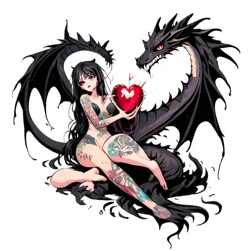 tattooed anime demon girl holding a shattered heart surrounded by a voodoo black dragon tattoo design idea