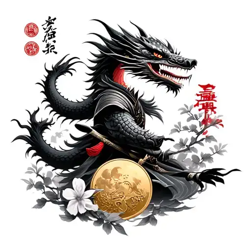 A samurai with a black dragon is a Japanese coin symbolizes wealth with a golden fish with a bloody moon with cherry flowers with Shaolin Temple tattoo design idea
