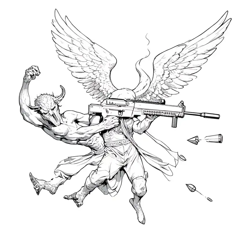 An angel killing a demon mid air with bullets fired from a modern rifle  tattoo design idea