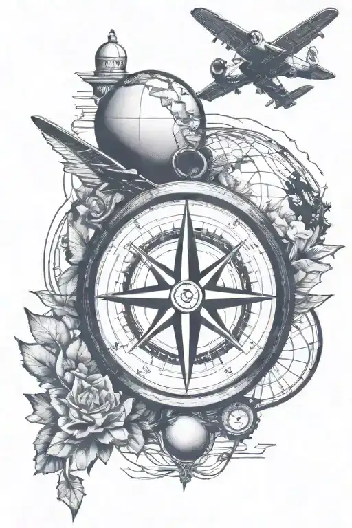 travel inspired tattoo featuring compass, plane, globe tattoo design idea