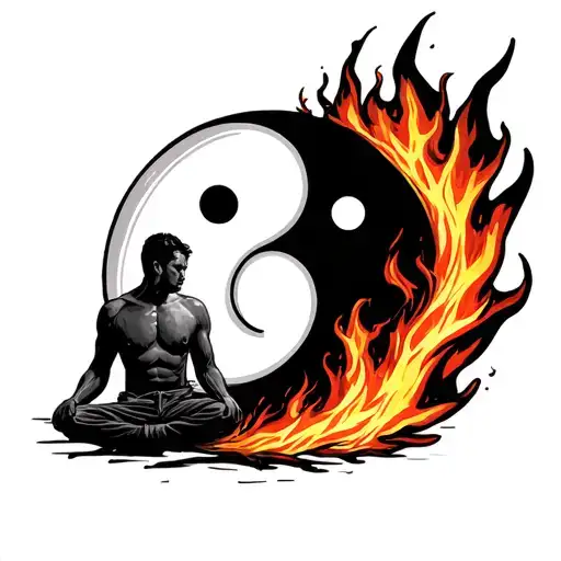 man sitting in fire and flames are yin yang symbol tattoo design idea