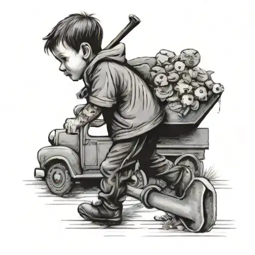 Boy walking to Cemetery with shovel and truck toy tattoo design idea
