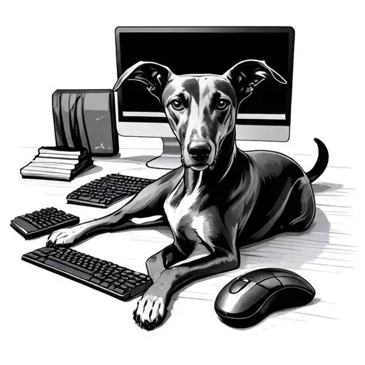 greyhound lying down in front of a computer with one paw on a mouse and one paw on a keyboard keyboard tattoo design idea