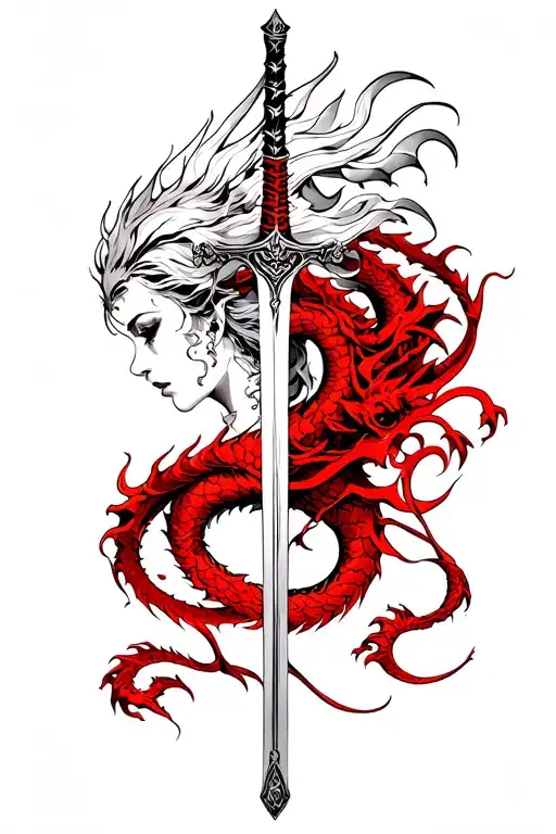 feminine back tattoo a Kitana sword wrapped in a red dragon tattoo design idea