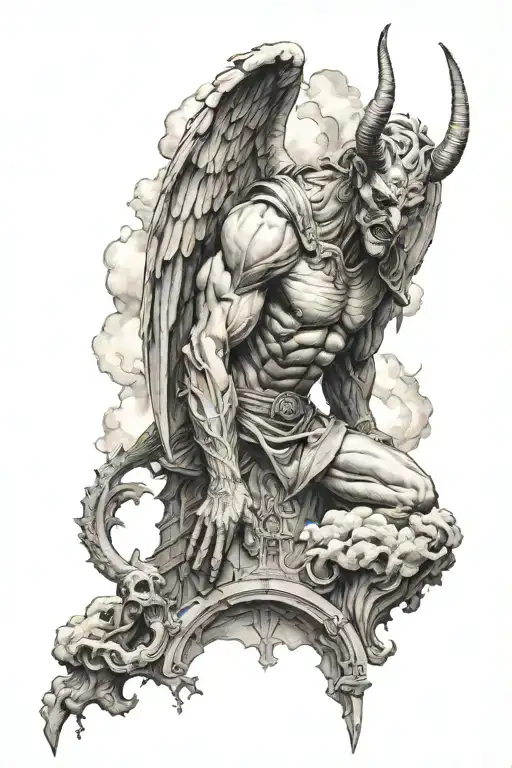 devil stomped by an archangel with a background of a cathedral with clouds tattoo design idea