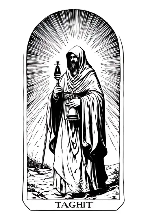 The hermit tarot walking sideways in holding lantern emitting light rays. Face cloaked in hood. Staff in other hand tattoo design idea
