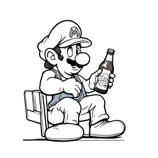 mario sitting down holding a beer bottle in hand  tattoo design idea