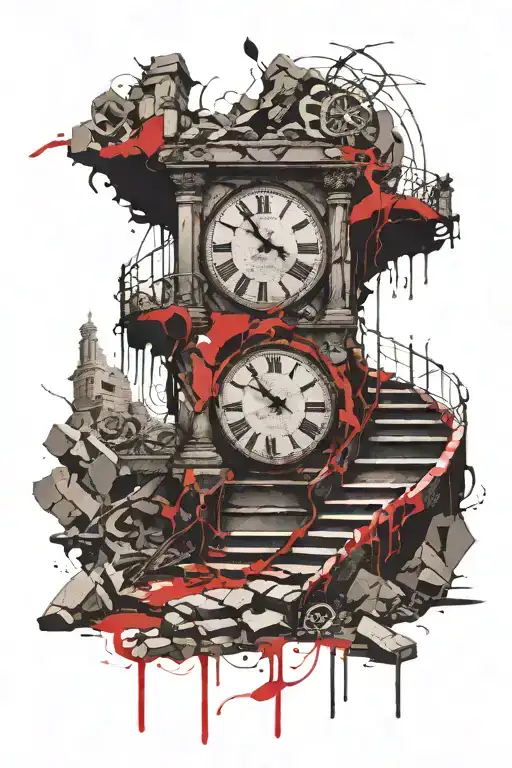 old stone stairs leading to a broken clock tattoo design idea