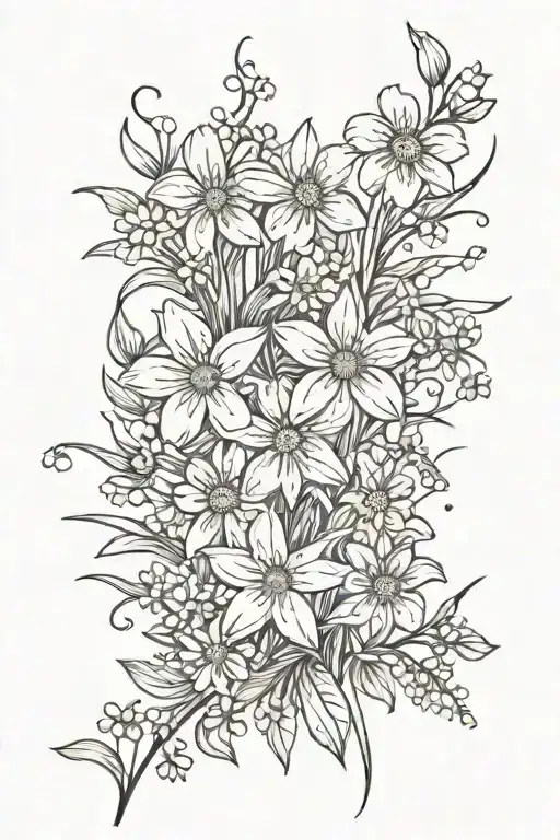 daisies and daffodils with sprinkling of cherry blossoms, snow drops, violets, greenery, stems tattoo design idea