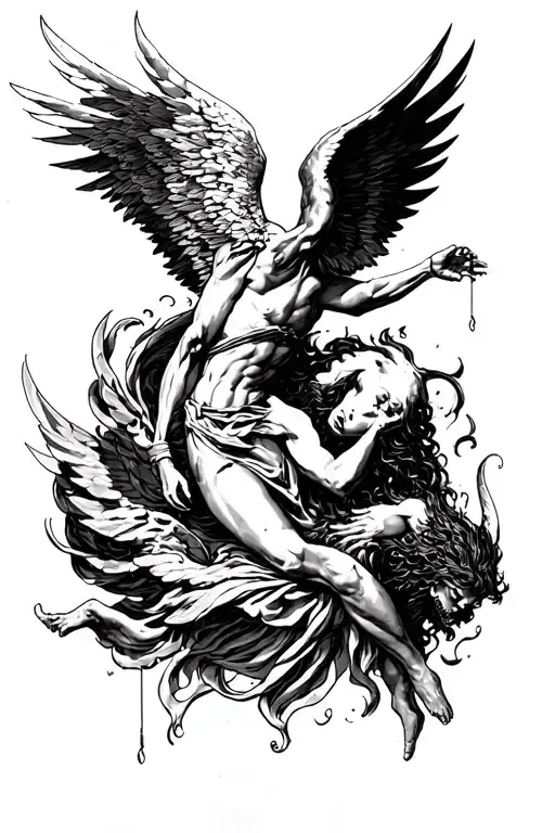 Icarus falling with a demonic wing and an Angel o negative life tattoo design idea