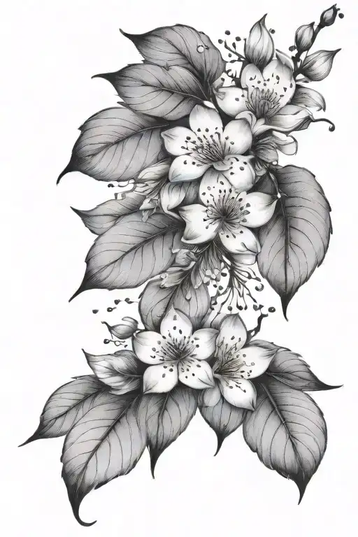 cherry blossom petals falling leaves thigh fine line vines wrapping  tattoo design idea