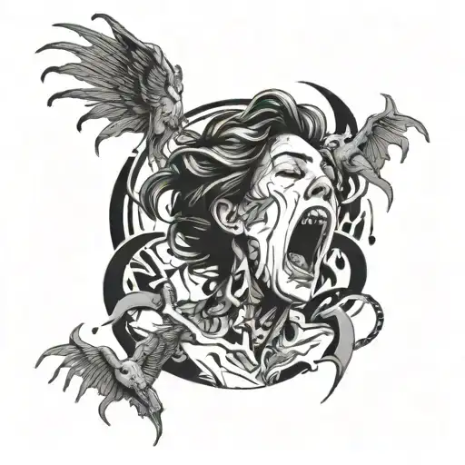A powerful image of a woman screaming in despair, surrounded by symbols of loss tattoo design idea