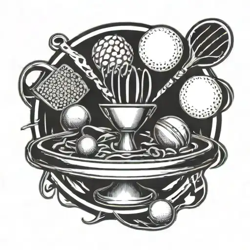A disc golf basket made out of chef's knives, with rugby balls scattered around it tattoo design idea