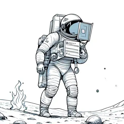 astronaut on moon looking through a file cabinet with fire on his helmet and under his feet tattoo design idea