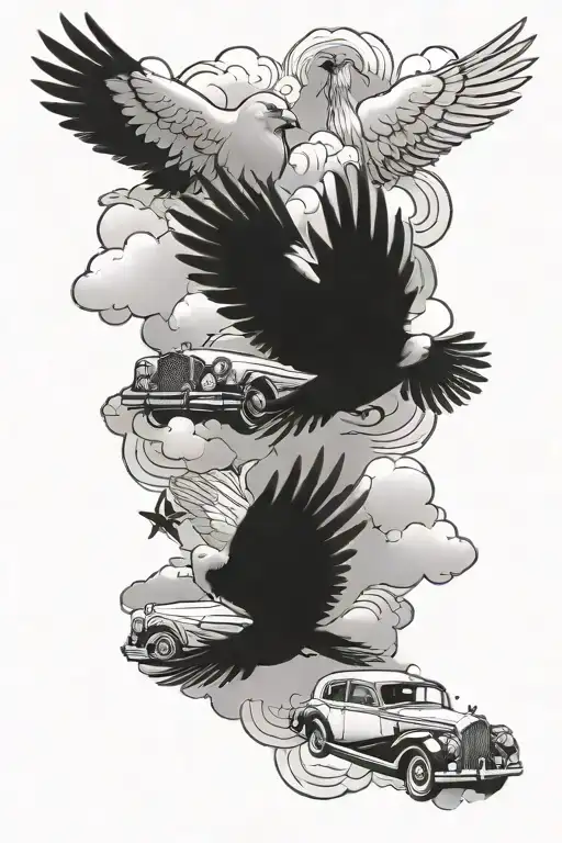 2 pigeons, a rolls royce emerging from the clouds, 4 stars tattoo design idea