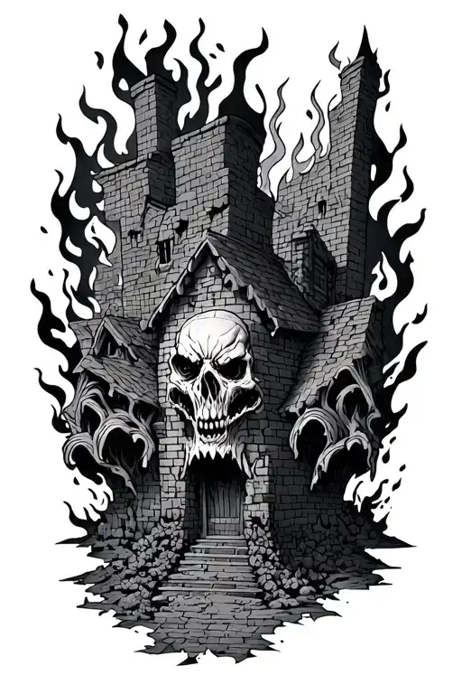 Demonic Land with burning bricks tattoo design idea