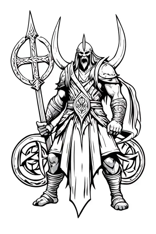 scary viking warrior with rune symbols forming and valhalla in the background  tattoo design idea