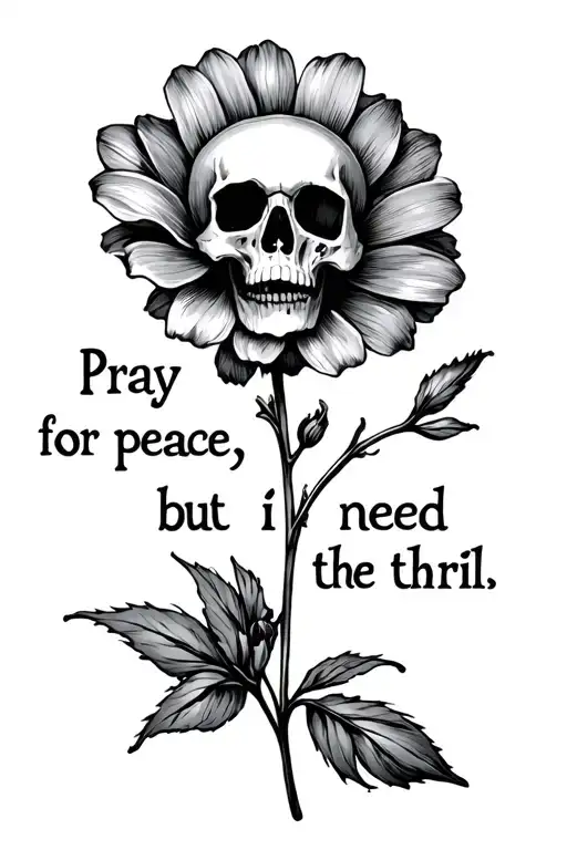 one straight line. small flower "pray for peace, but i need the thrill" small skull tattoo design idea