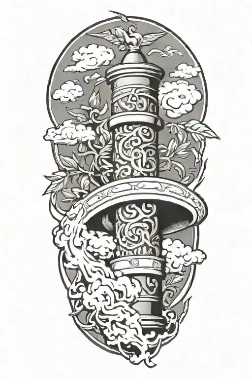 jewish pillar of fire and pillar of cloud background, front is olive branches and torah scroll tattoo design idea