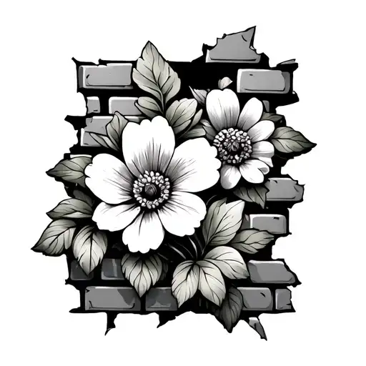Flowers outlined a brick wall being torn apart tattoo design idea