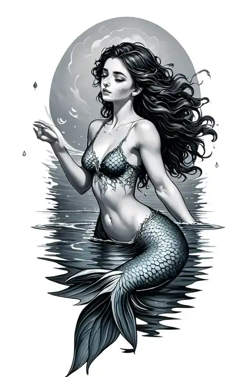 human woman diving into water turning into mermaid tattoo design idea