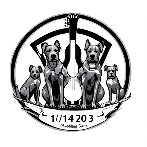 ironman triathlon M-dot symbol, guitar dogs children wedding date 11/14/2003 tattoo design idea