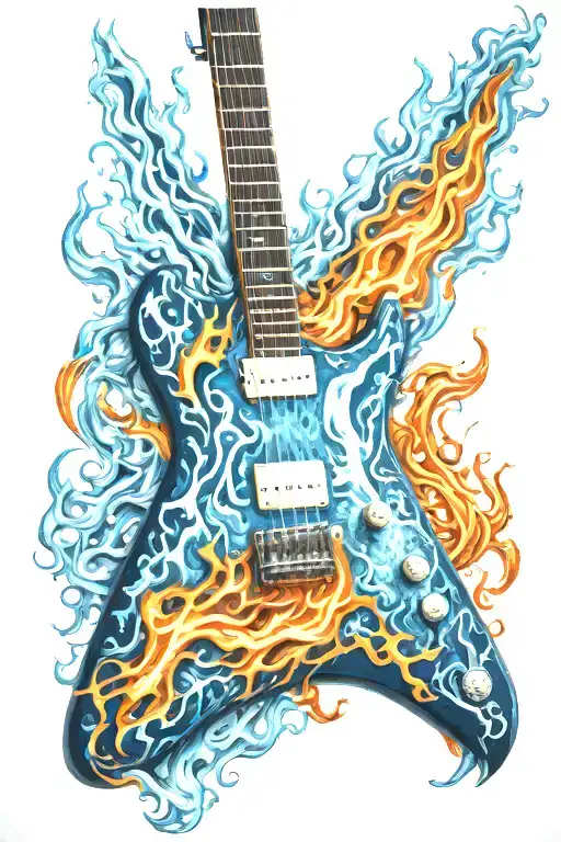 Electric guitar engulfed in blue flames with orange tips tattoo design idea