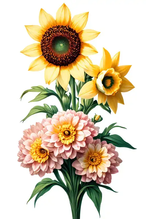 Narcissus sunflower chrysanthemum flowers tattoo design idea