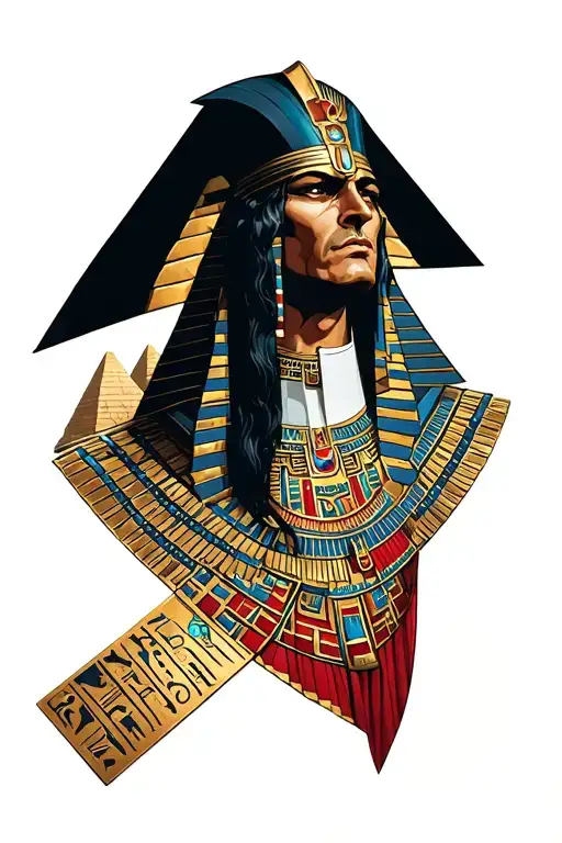 Egyptian inspired Alucard from castlevania with hieroglyphics with elements of pyramids in the background. tattoo design idea