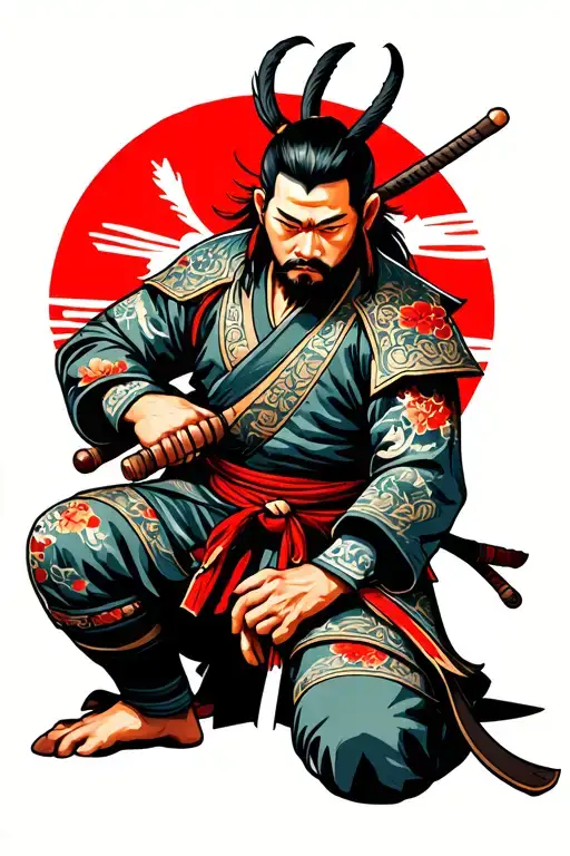 A highly detailed and vibrant Japanese tattoo-style illustration of a battle-worn samurai kneeling on one knee, his kata tattoo design idea