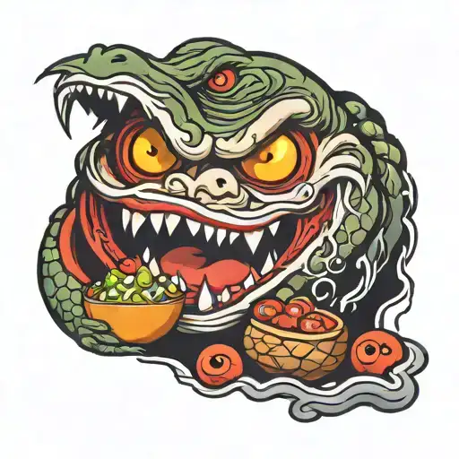 Daruma killing and eating a crocodile tattoo design idea