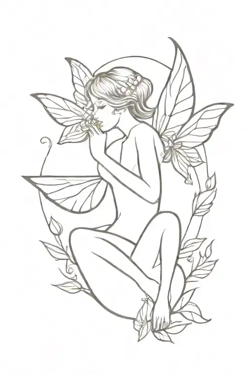 fairy with leafs and butterfly flying tattoo design idea