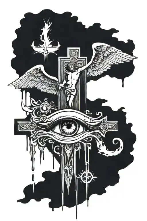 Four angelic or Archangel eye's crying like waterfall over a crucifix. tattoo design idea