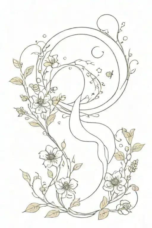 feminine and full folk-like fine line  with the moon, many flowers, vines, and subtle fantasy elements, no border tattoo design idea