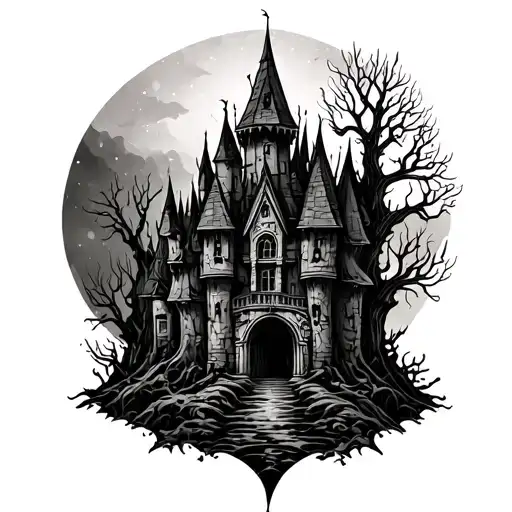 Haunted Forest Castle surrounded tattoo design idea
