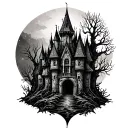 Haunted Forest Castle surrounded tattoo design idea