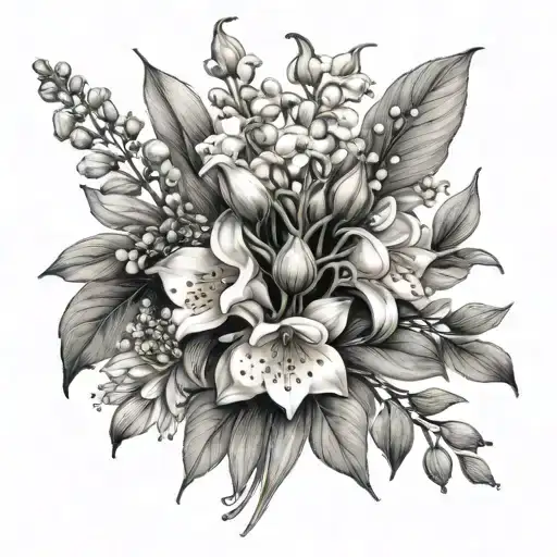 lily of the valley, hawthorne, cosmos, larkspur flowers in a bouquet together tattoo design idea