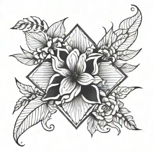 floral and geometric feminine line art black tattoo design idea