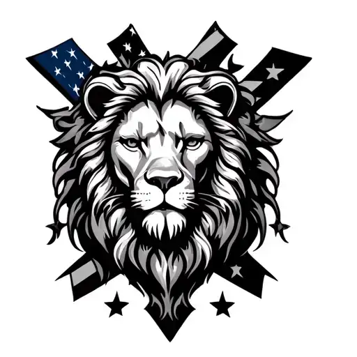 lion head into Christian cross with American flag and shading no color tattoo design idea