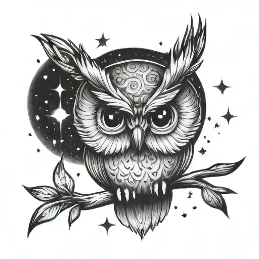 cute owl looking up at the stars with a la perchoine written in script below tattoo design idea