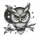 cute owl looking up at the stars with a la perchoine written in script below tattoo design idea