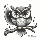 cute owl looking up at the stars with a la perchoine written in script below tattoo design idea