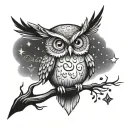 cute owl looking up at the stars with a la perchoine written in script below tattoo design idea