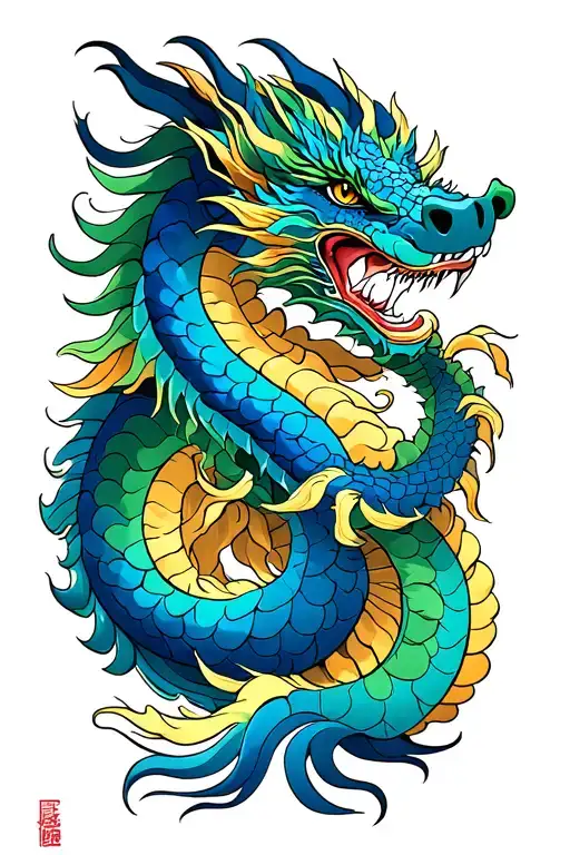 blue and green japanese dragon tattoo design idea