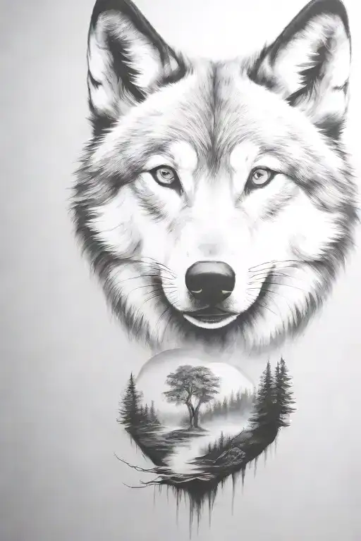 wolf cub, moon, forest, river, adult wolf, smoke rising tattoo design idea