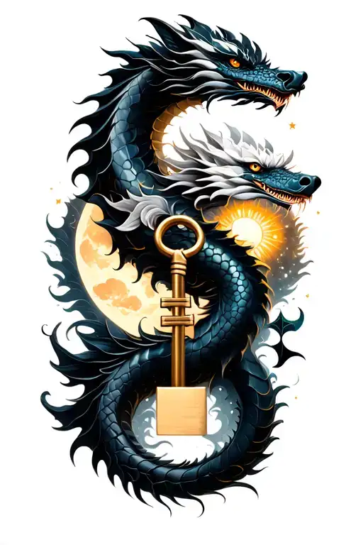 key and lock; white and black dragon, lotus colored, moon, stars and sun. all together  tattoo design idea
