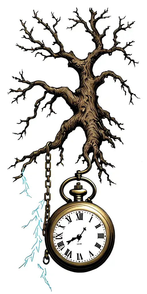 oak tree with no leaves, long roots. lightning in the background, chain around tree. Chain to pocket watch with no time tattoo design idea