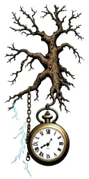 oak tree with no leaves, long roots. lightning in the background, chain around tree. Chain to pocket watch with no time tattoo design idea