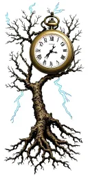 oak tree with no leaves, long roots. lightning in the background, chain around tree. Chain to pocket watch with no time tattoo design idea